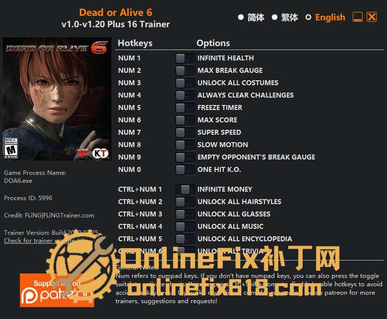 死或生6/DOA6|16项修改器|2020.02.25 死或生6/DOA6|16项修改器|2020.02.25