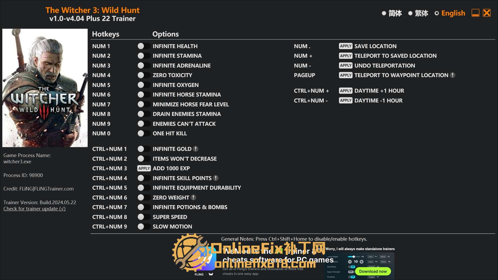 巫师3 狂猎 次世代完全版|22项修改器|2024.05.22 巫师3 狂猎 次世代完全版