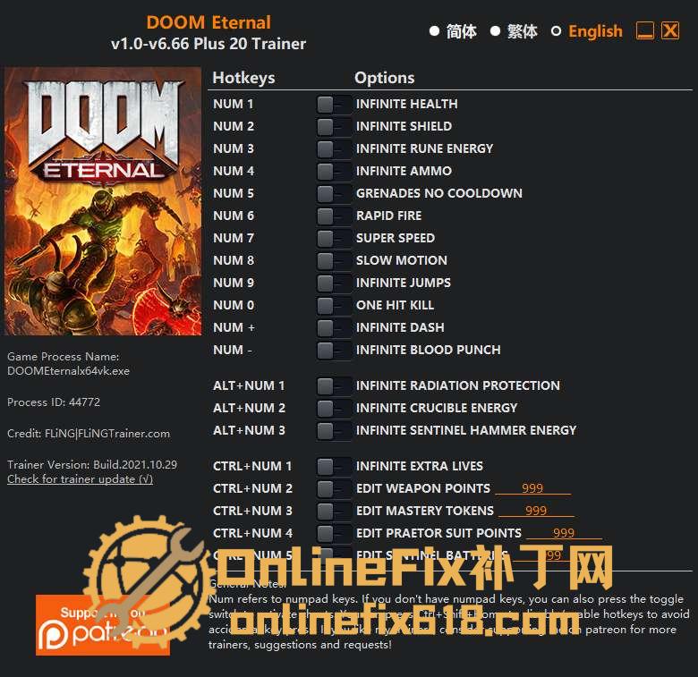 毁灭战士:永恒|20项修改器|2021.10.29 毁灭战士:永恒